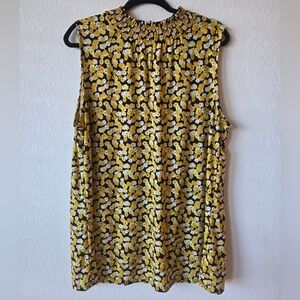Sleeveless Yellow & Black Floral Smocked Neck Top